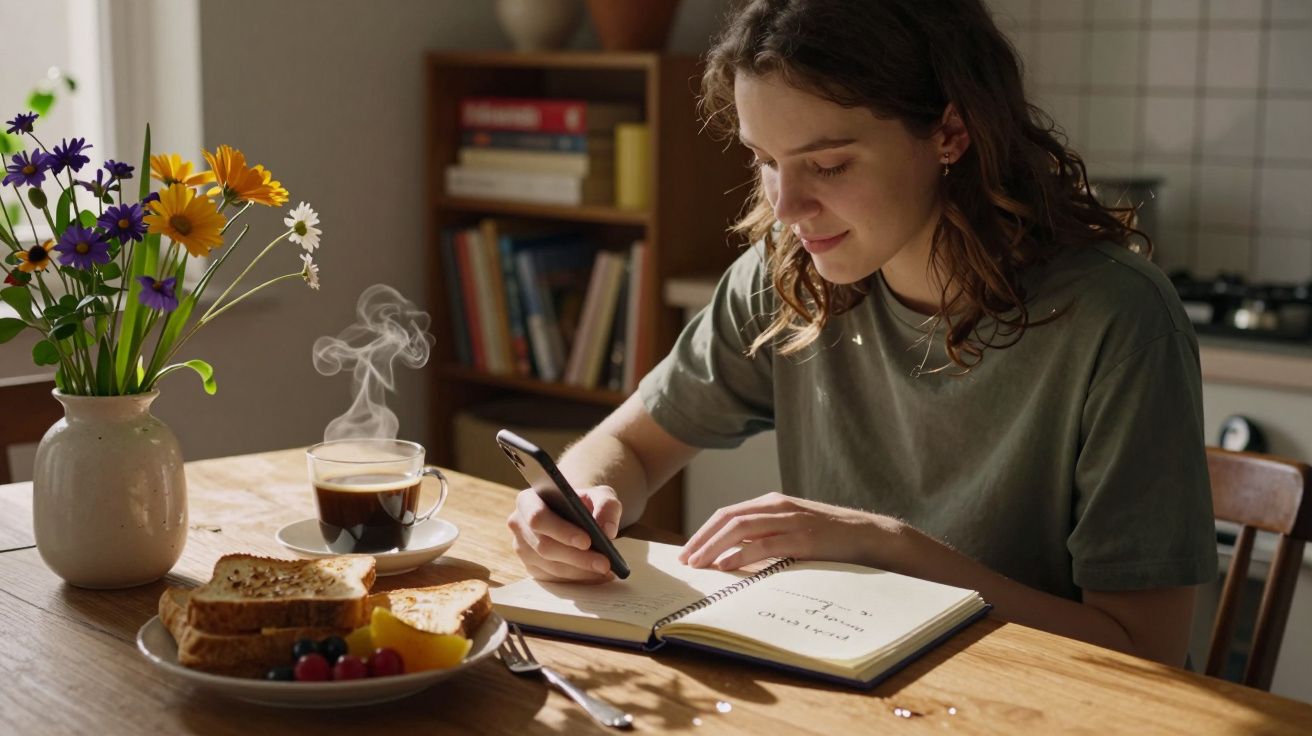 Mulher escreve num caderno em mesa com flores, chávena de café e prato de torradas e frutas.