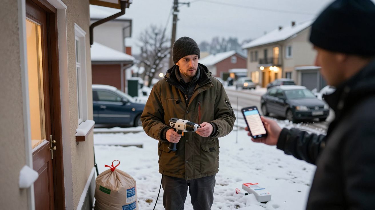 Homem de casaco e gorro segura ferramenta elétrica na neve, enquanto outra pessoa mostra-lhe algo num telemóvel.