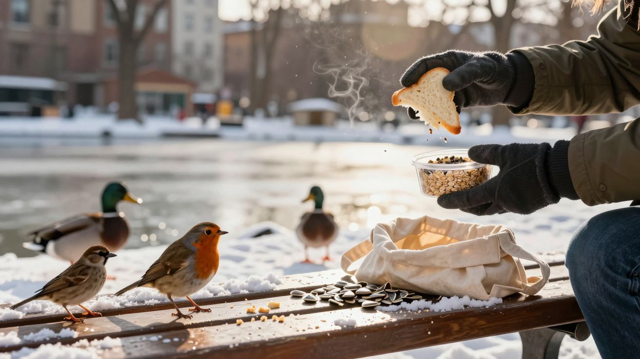 Pessoa alimenta pássaros com sementes num banco de parque coberto de neve, próximo a um lago com patos ao fundo.