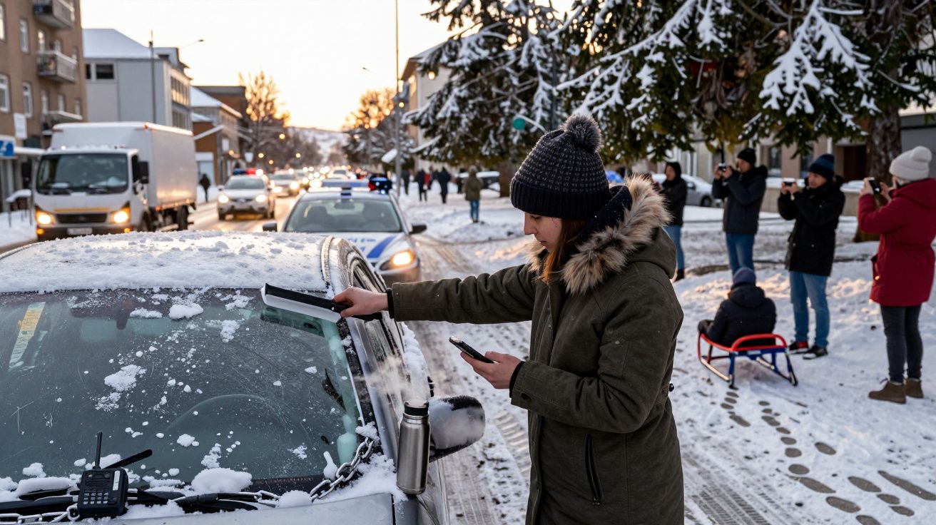 Mulher limpa neve do carro numa rua com neve, enquanto várias pessoas tiram fotos.