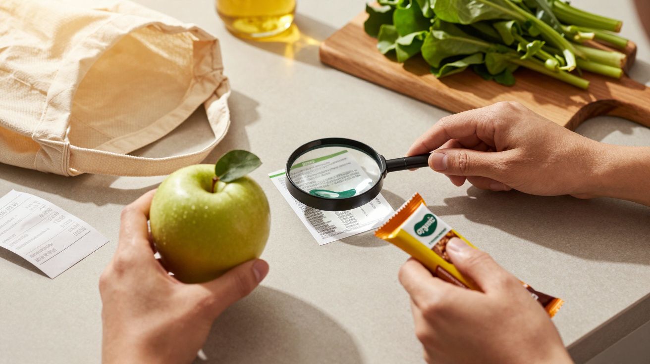 Pessoa segura maçã e barra de cereal, usando lupa para ler rótulo; vegetais ao fundo.