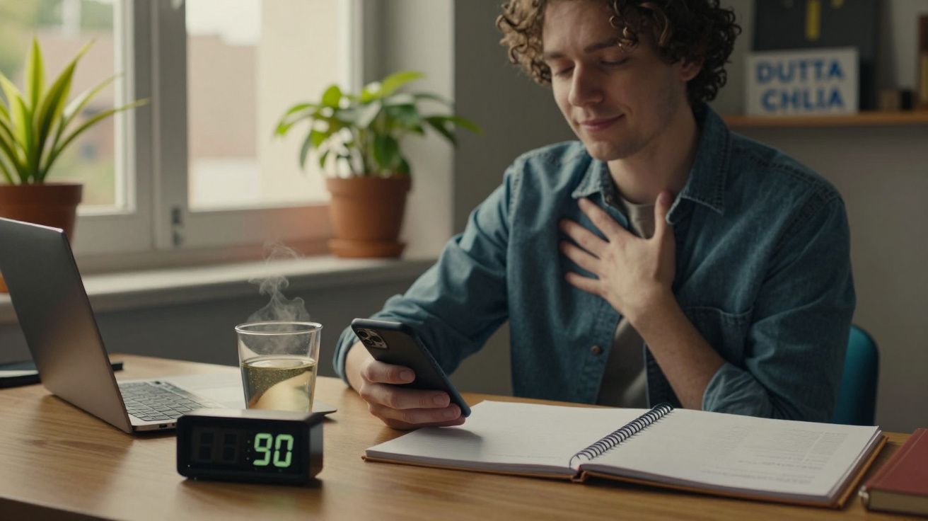 Homem sentado à secretária com laptop, caderno e chá, olha para o telemóvel, com relógio digital a marcar 90.