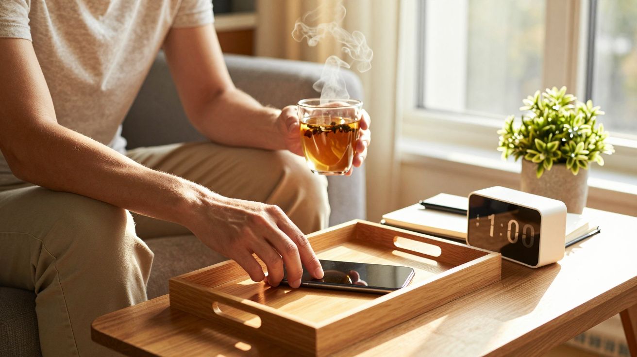 Pessoa segurando chá e pegando telemóvel numa bandeja de madeira ao lado de um relógio e planta.