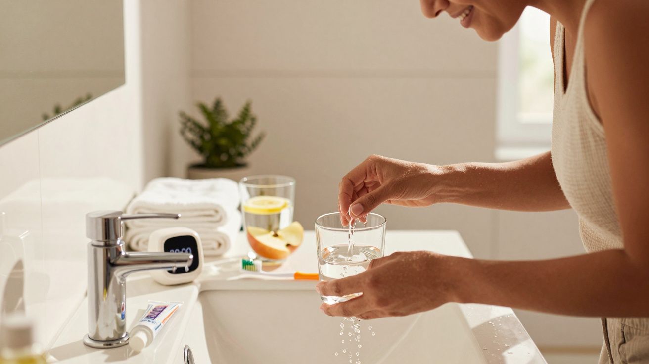 Pessoa enchendo um copo com água da torneira numa casa de banho, com toalhas e produtos dentários ao fundo.