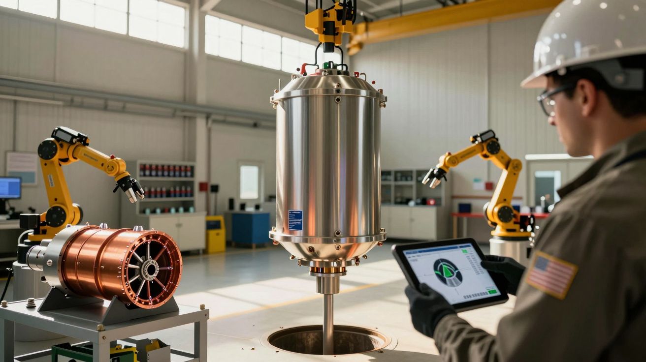 Engenheiro operando robôs industriais em laboratório com tablet, analisando dados de um equipamento metálico suspenso.