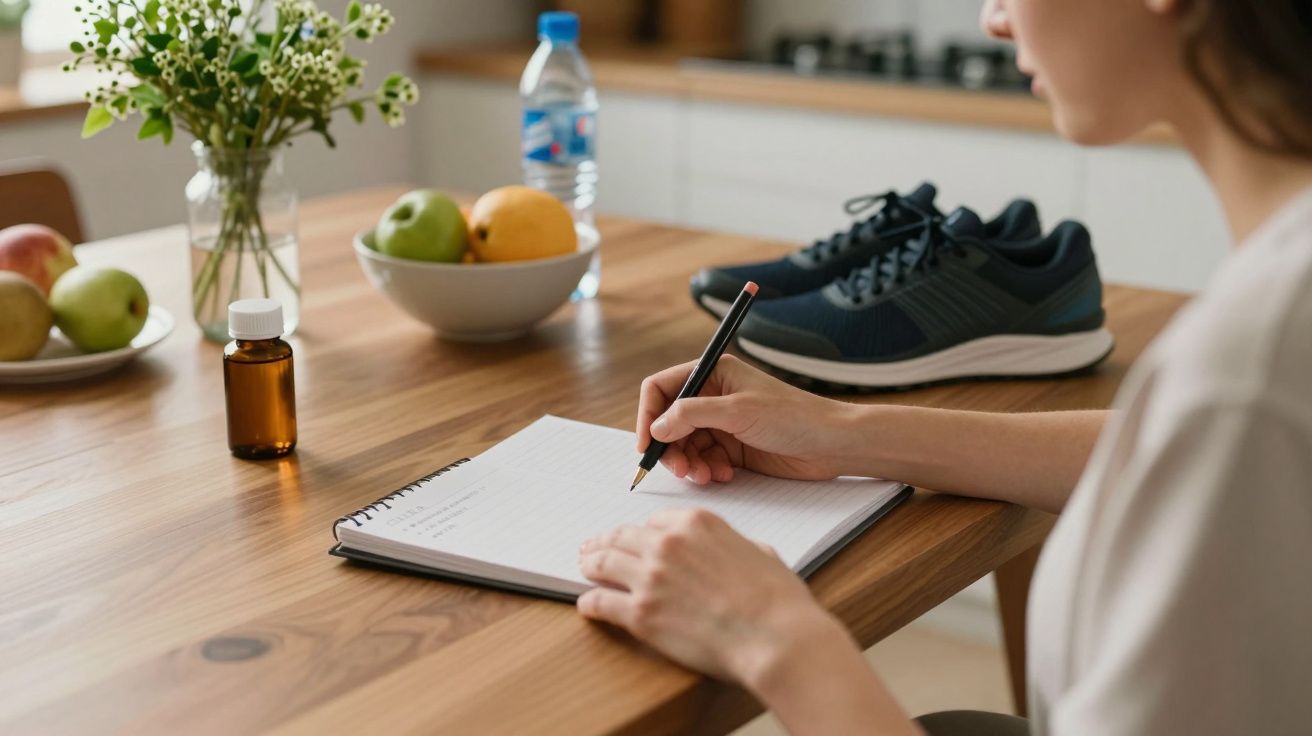 Mulher escrevendo em caderno numa mesa com frutas, garrafa de água, frasco de remédios, vasos de flores e ténis.