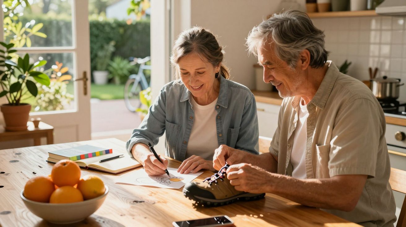 Casal idoso sentado à mesa da cozinha, sorrindo, uma mulher a desenhar e um homem a mexer num sapato de caminhada.
