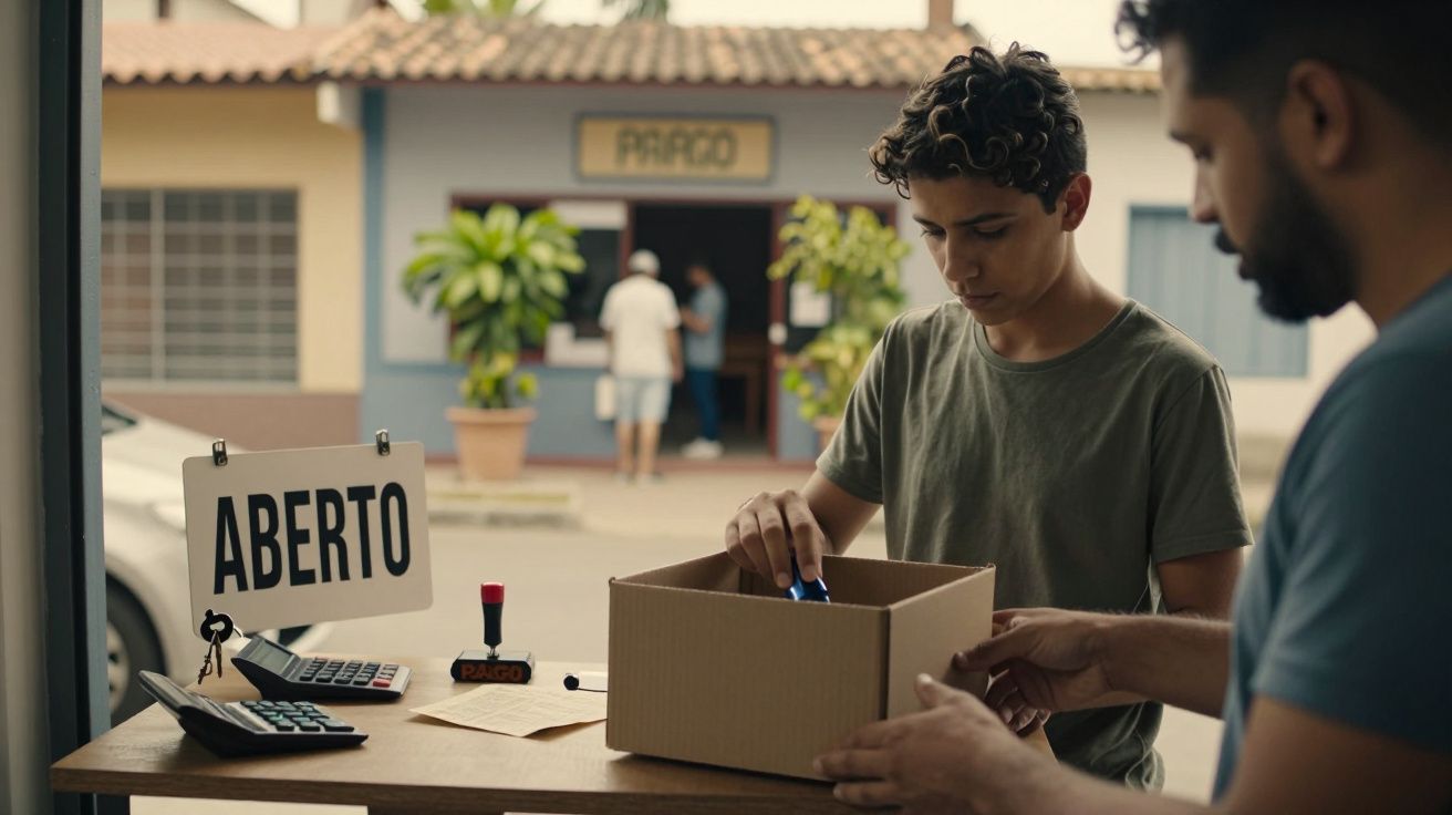 Dois homens num balcão de loja, um com caixa aberta. Cartaz "ABERTO" e máquina calculadora visíveis.