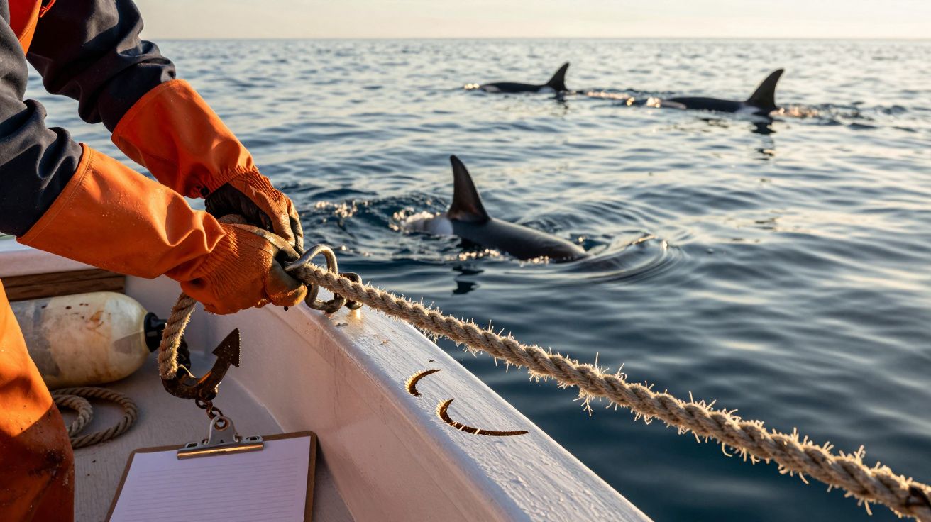 Pessoa num barco com corda e âncora, perto de orcas nadando em águas calmas.