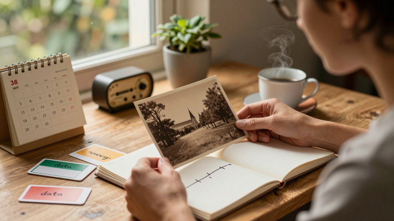 Pessoa segurando foto antiga em mesa com caderno, chávena de café, calendário e planta à janela.