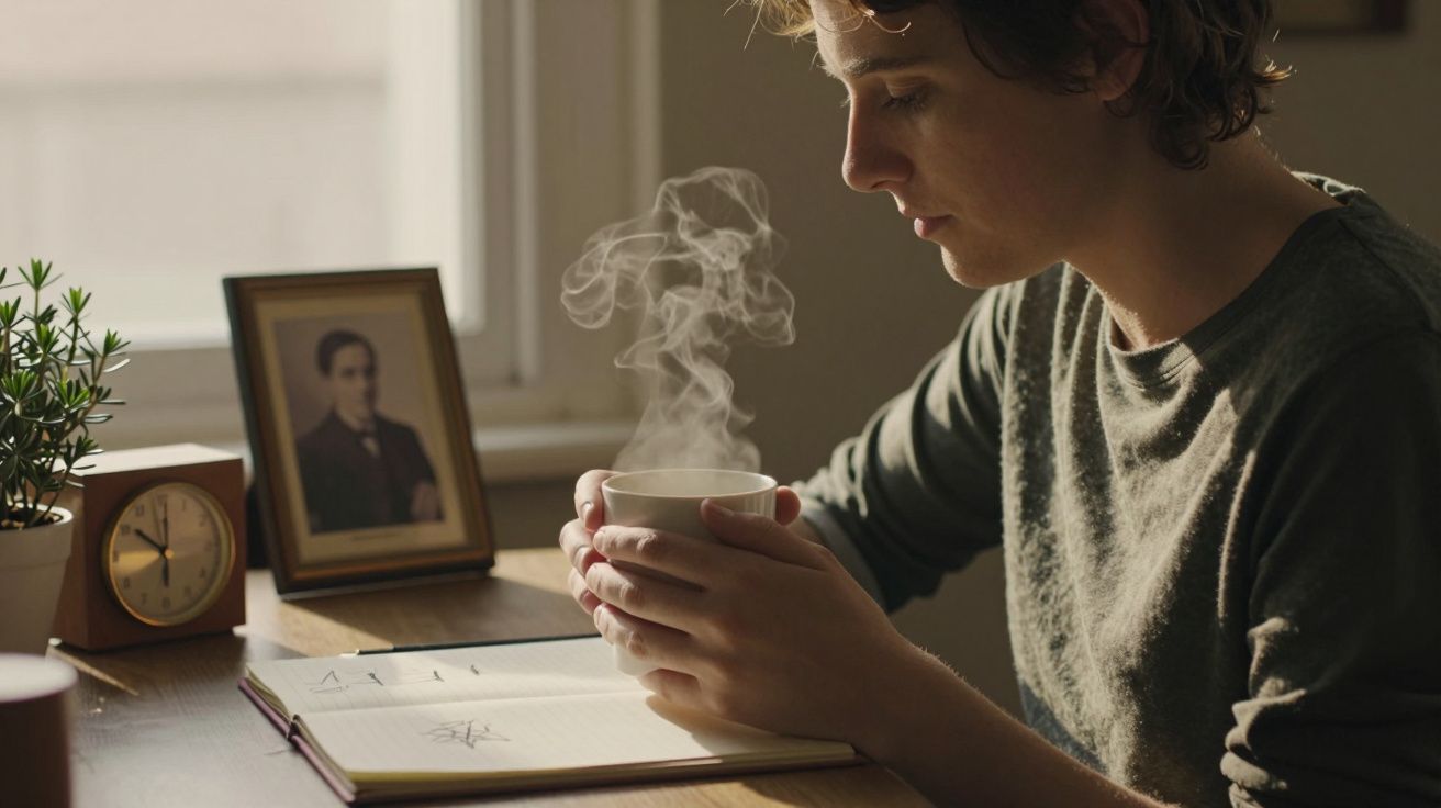 Pessoa segurando chá em mesa com livro aberto, relógio e foto.