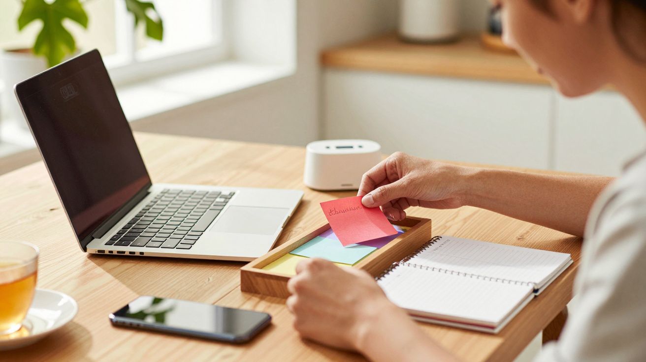 Mulher em escritório, segurando notas coloridas à secretária com portátil, chávena, telemóvel e caderno.