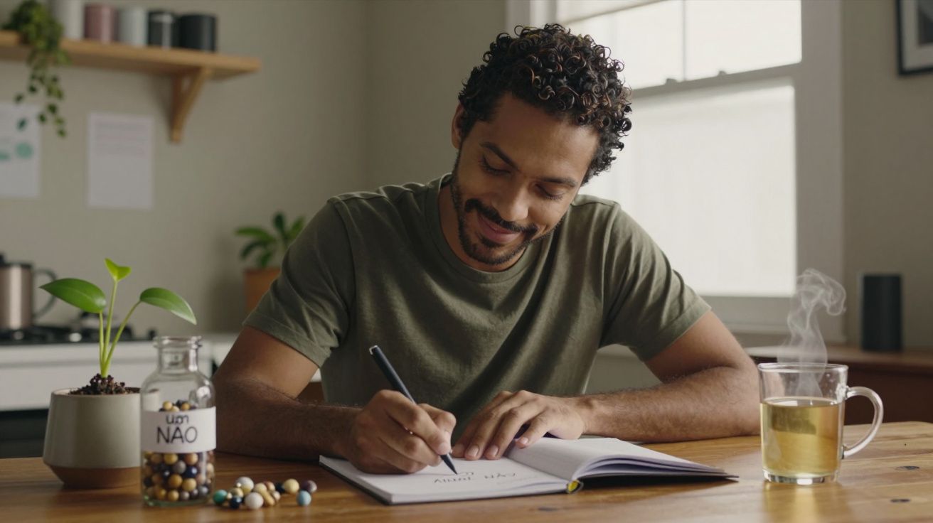Homem sentado à mesa, escrevendo num bloco de notas, com uma chávena de chá fumegante e plantas ao redor.