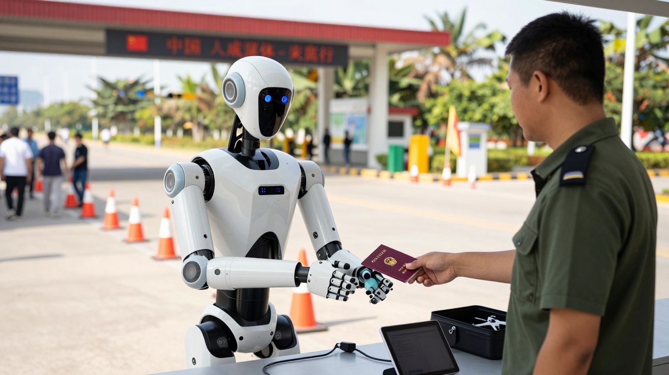 Robô verifica passaporte de um homem na fronteira sob céu aberto, com cones e vegetação ao fundo.