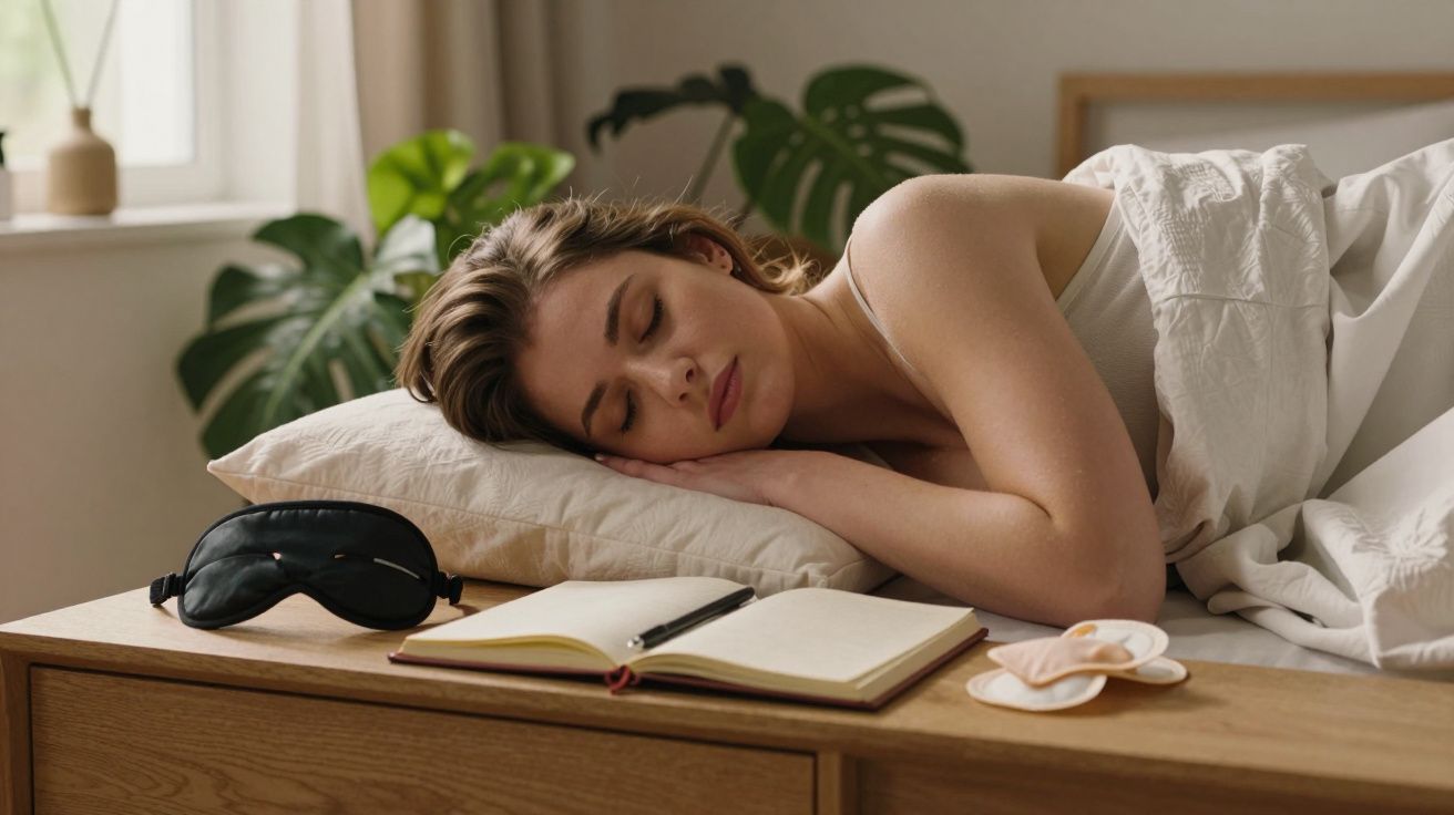 Mulher a dormir na cama, caderno e máscara de sono na mesa de cabeceira, plantas ao fundo.