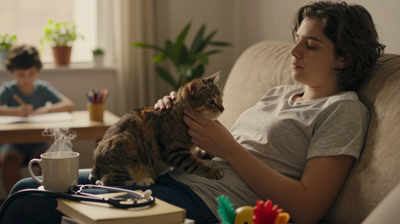 Mulher relaxa no sofá com um gato ao colo. Há uma chávena de café e um estetoscópio. Criança desenha ao fundo.