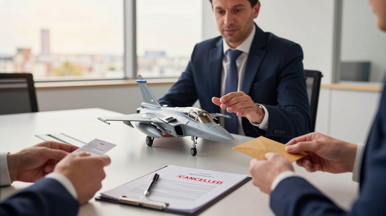 Homens de fato discutem um modelo de avião sobre uma mesa com documento marcado "CANCELLED".