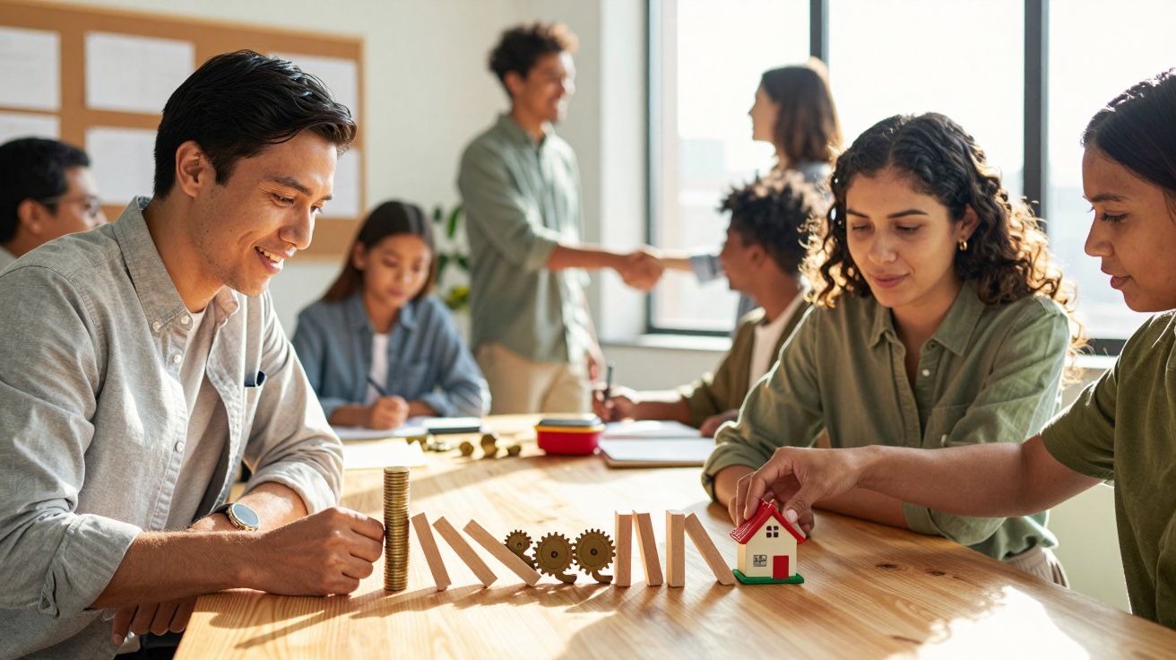 Pessoas em reunião em volta de uma mesa, com engrenagens e dominós, discutindo ideias.