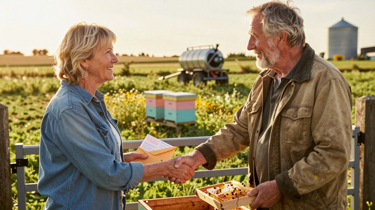 Apicultores a cumprimentarem-se cordialmente num campo, com colmeias coloridas ao fundo.