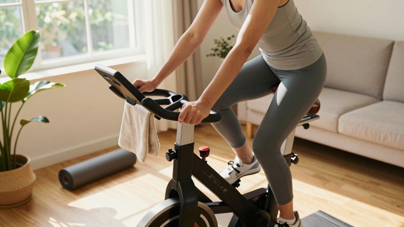 Mulher a pedalar numa bicicleta estática numa sala iluminada, com uma planta e um sofá ao fundo.