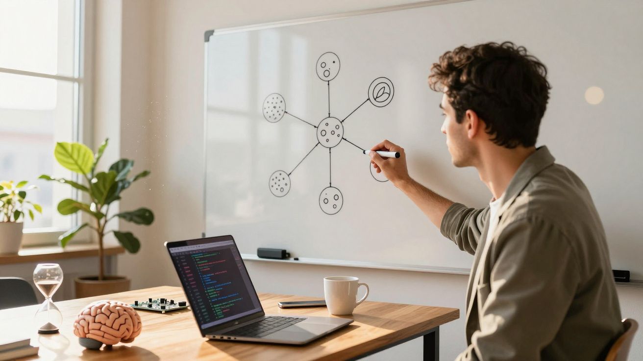 Homem desenha diagrama numa lousa. Mesa com portátil, cérebro artificial e planta ao fundo.