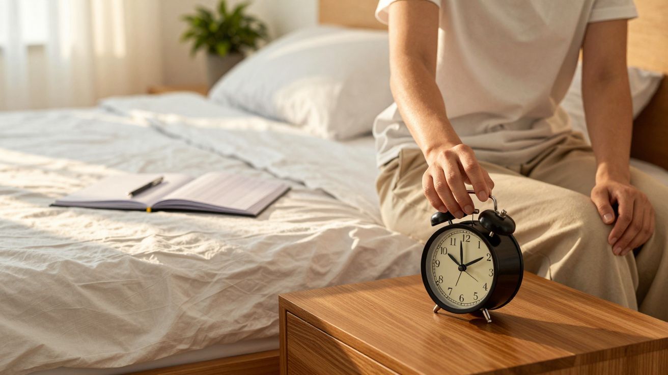 Pessoa desligando despertador preto ao lado de uma cama arrumada, com caderno e caneta na mesa de cabeceira.