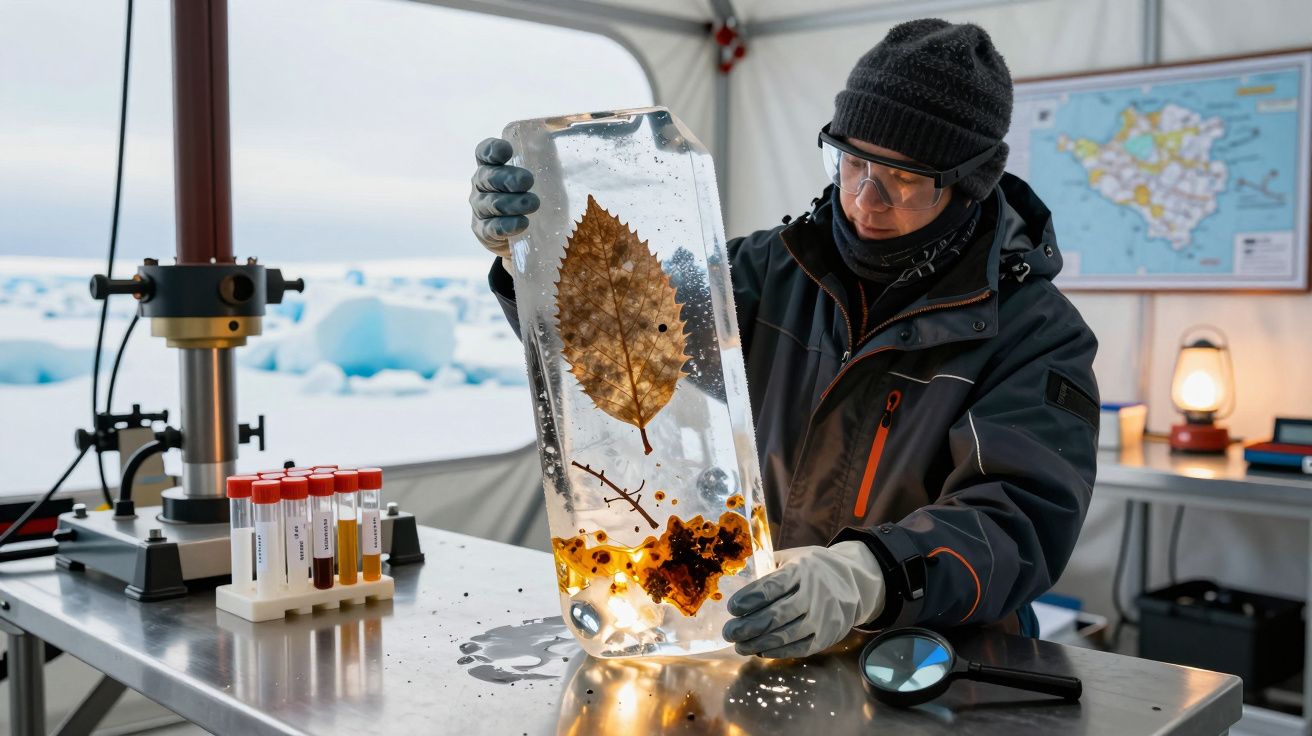 Cientista analisa bloco de gelo com folha congelada no interior, sobre mesa de laboratório em ambiente polar.