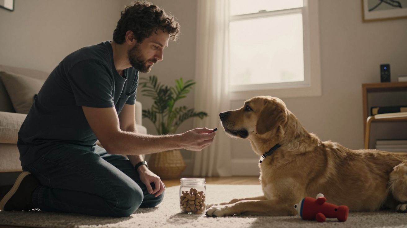 Homem a dar um biscoito a um cão deitado na sala, com brinquedo vermelho e frasco de biscoitos.