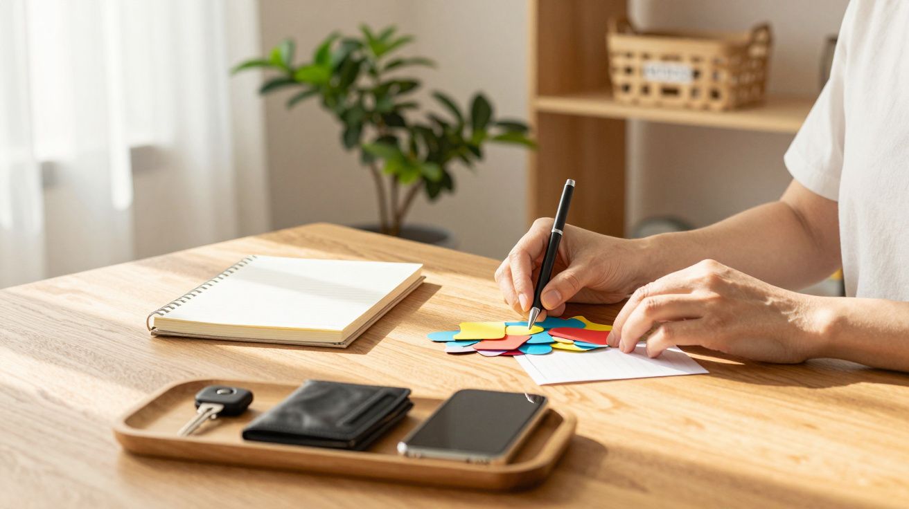 Pessoa escreve em papéis de cores na mesa com bloco de notas, telefone e carteira. Planta ao fundo.