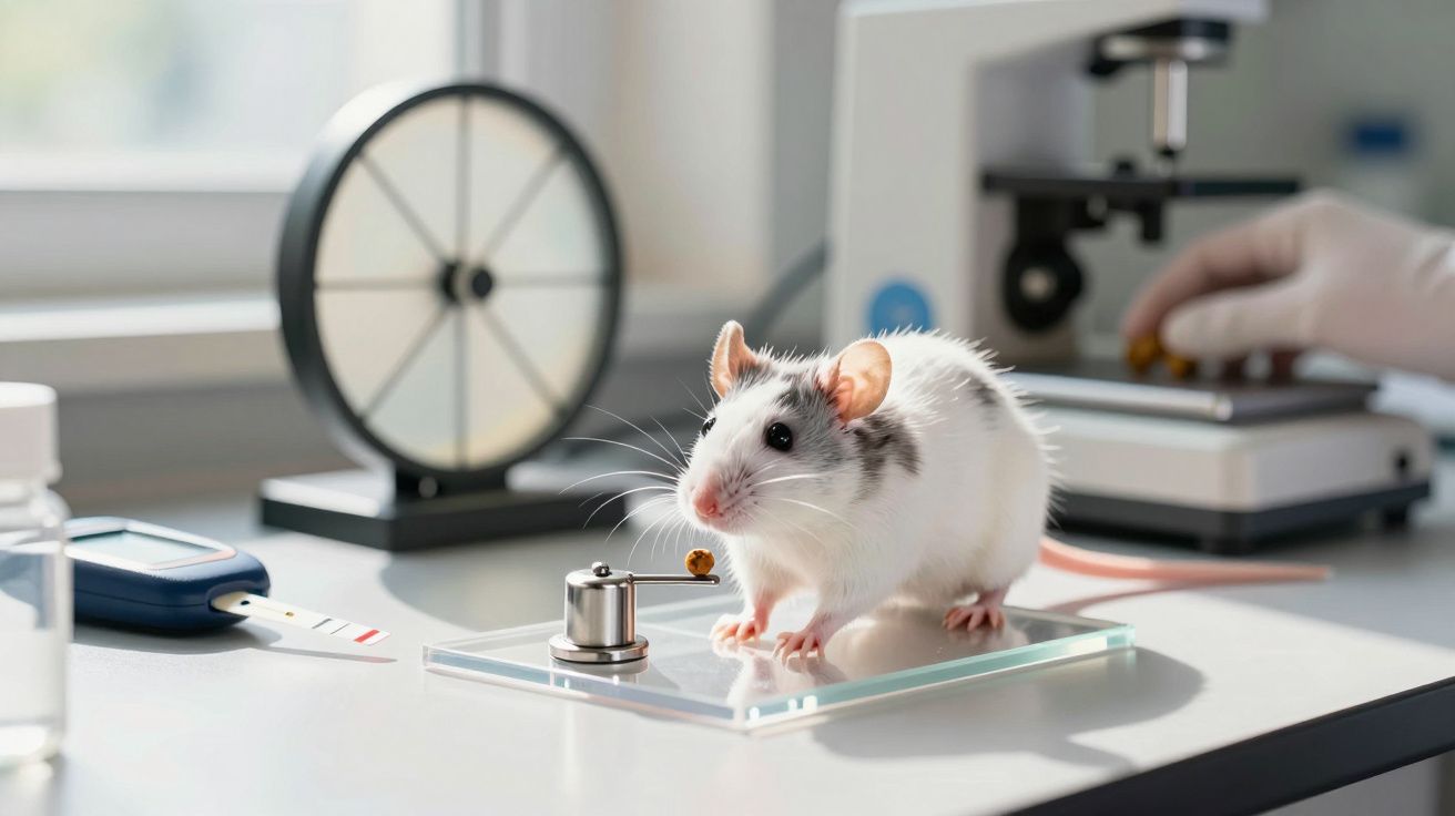 Rato em cima de uma balança de laboratório com um fundo de equipamentos científicos.
