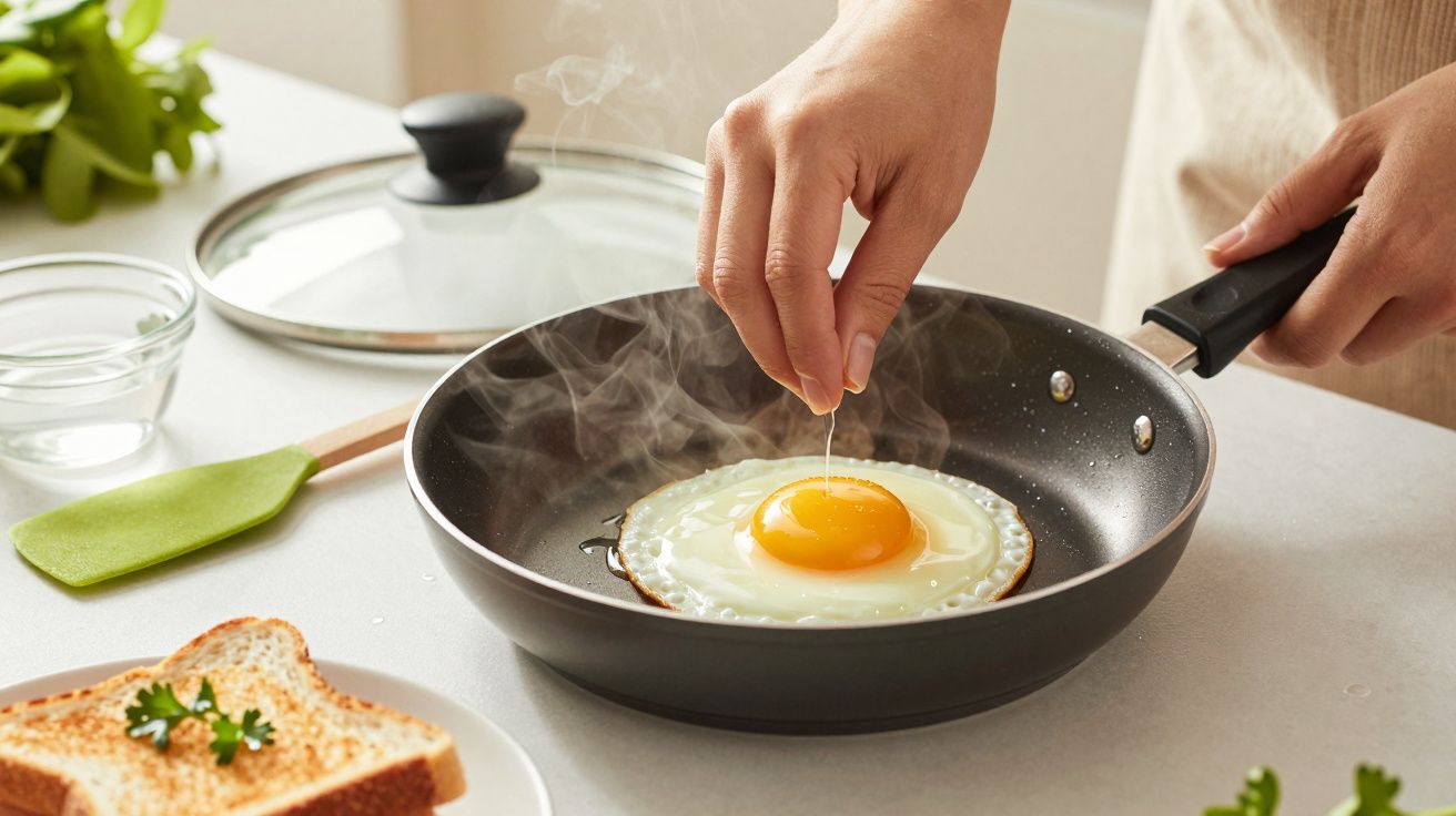 Pessoa a cozinhar ovo estrelado em frigideira preta com vapor, ao lado de tábua e torrada com salsa.