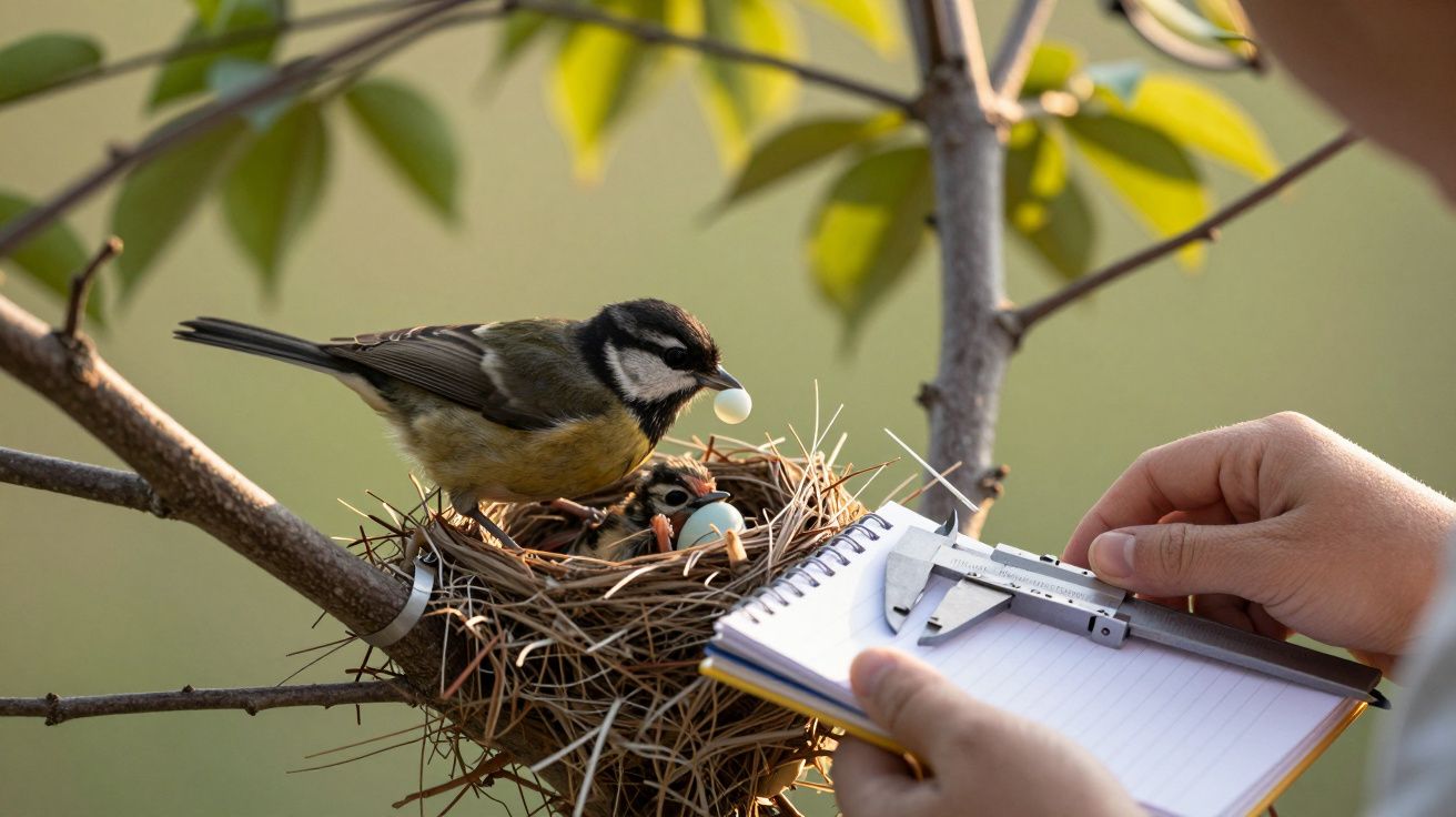 Pássaro alimenta filhote em ninho, enquanto mãos humanas anotam observações numa caderneta ao lado.