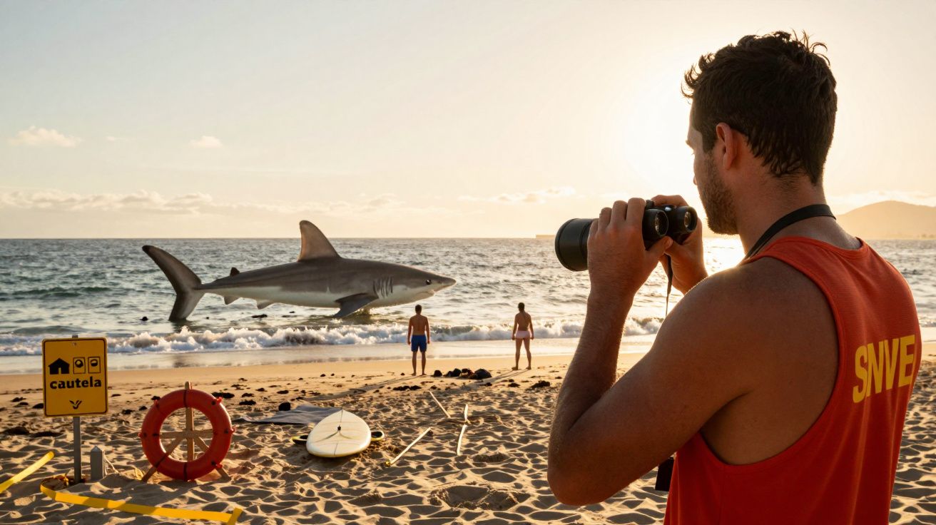 Salva-vidas observa com binóculos um tubarão no mar enquanto duas pessoas estão na água, ao pôr do sol.