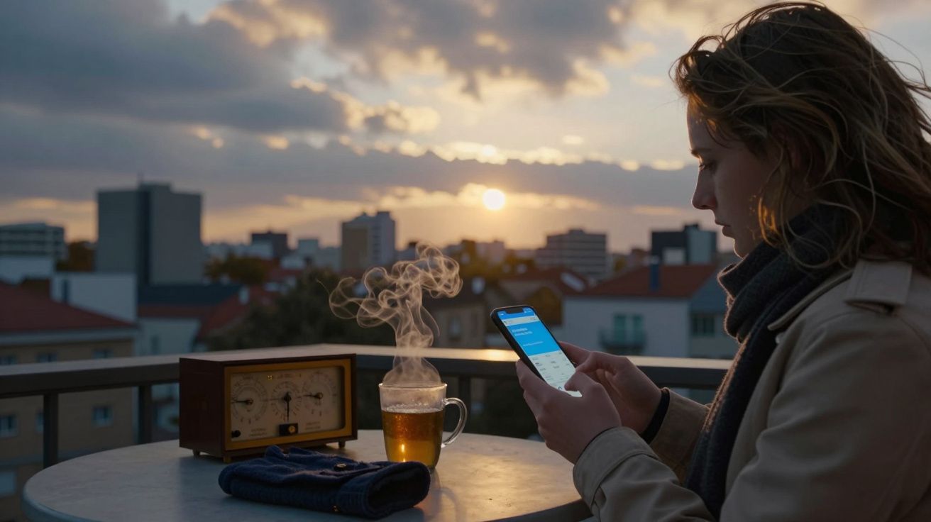 Mulher usa smartphone numa varanda ao pôr do sol, com chá fumegante e rádio vintage sobre a mesa.