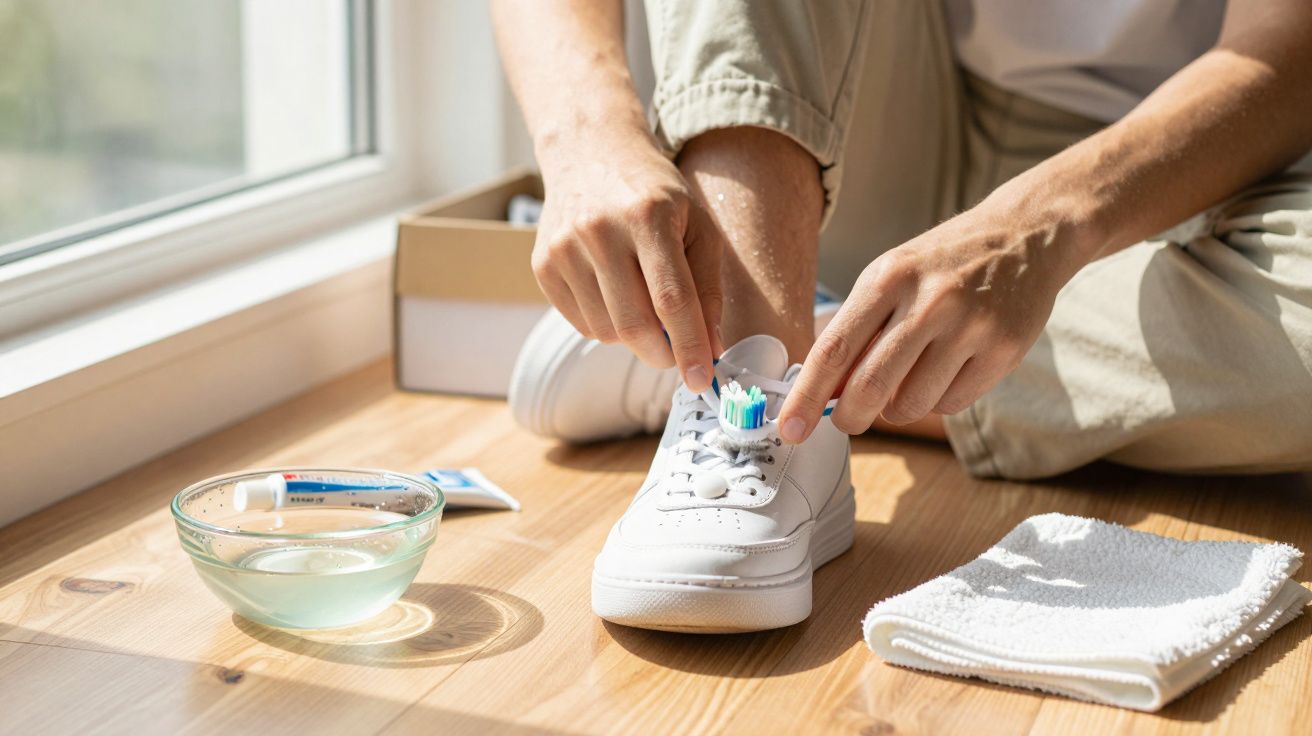 Pessoa a limpar ténis brancos com escova perto de janela; água e toalha ao lado.
