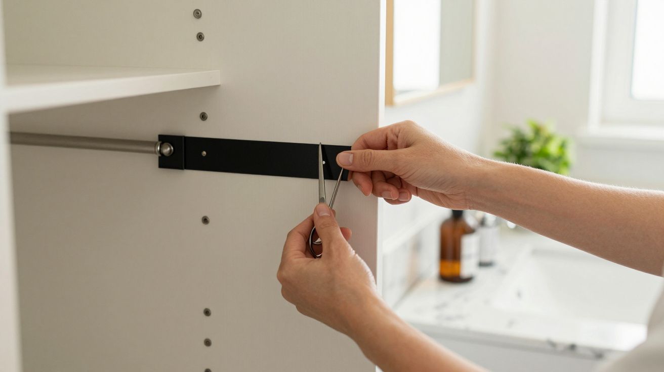 Mãos ajustam prateleira de armário branco com ferramenta pequena num banheiro bem iluminado.
