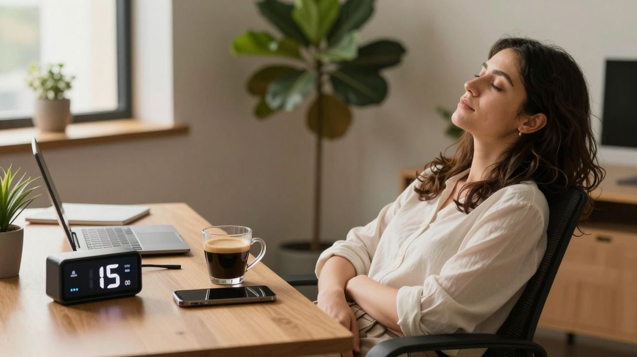 Mulher relaxando numa cadeira de escritório com laptop, café e relógio digital na mesa, planta ao fundo.